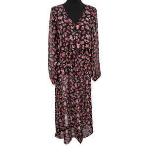 Almost Famous Floral Sheer Button Up Front Split Dress Size Large Stretch Waist